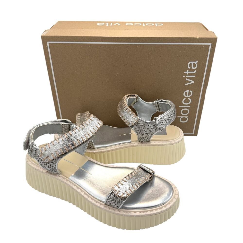 Dolce Vita NEW Debra Silver Metallic Leather Adjustable Straps Platform Sandals